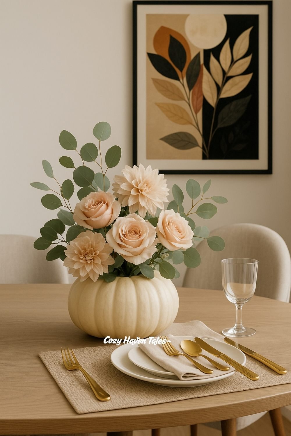 Elegant pumpkin floral arrangements in a white pumpkin filled with blush roses and eucalyptus for a refined fall centerpiece.