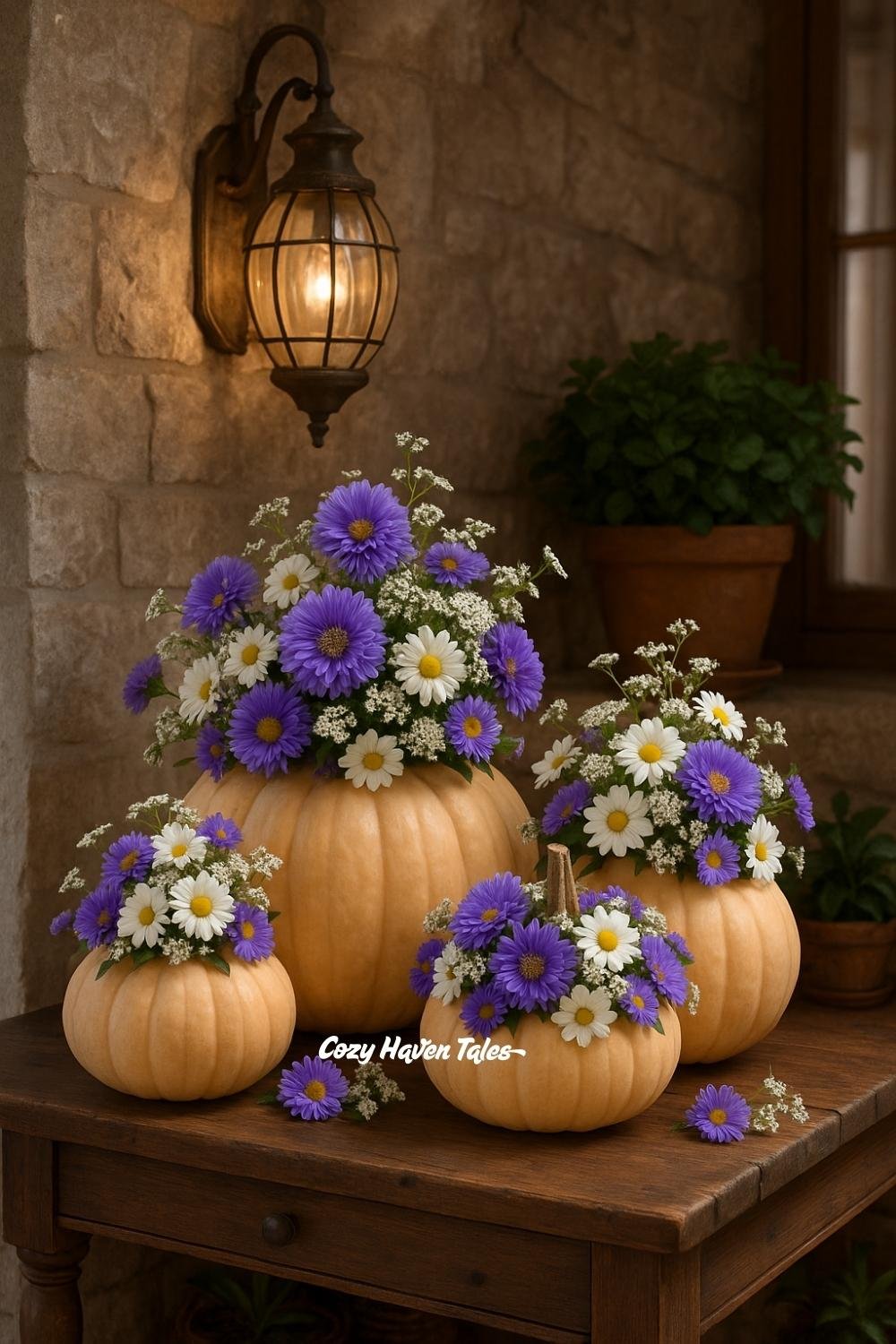 Rustic pumpkin floral arrangements with purple asters and white daisies displayed outdoors for cozy fall décor