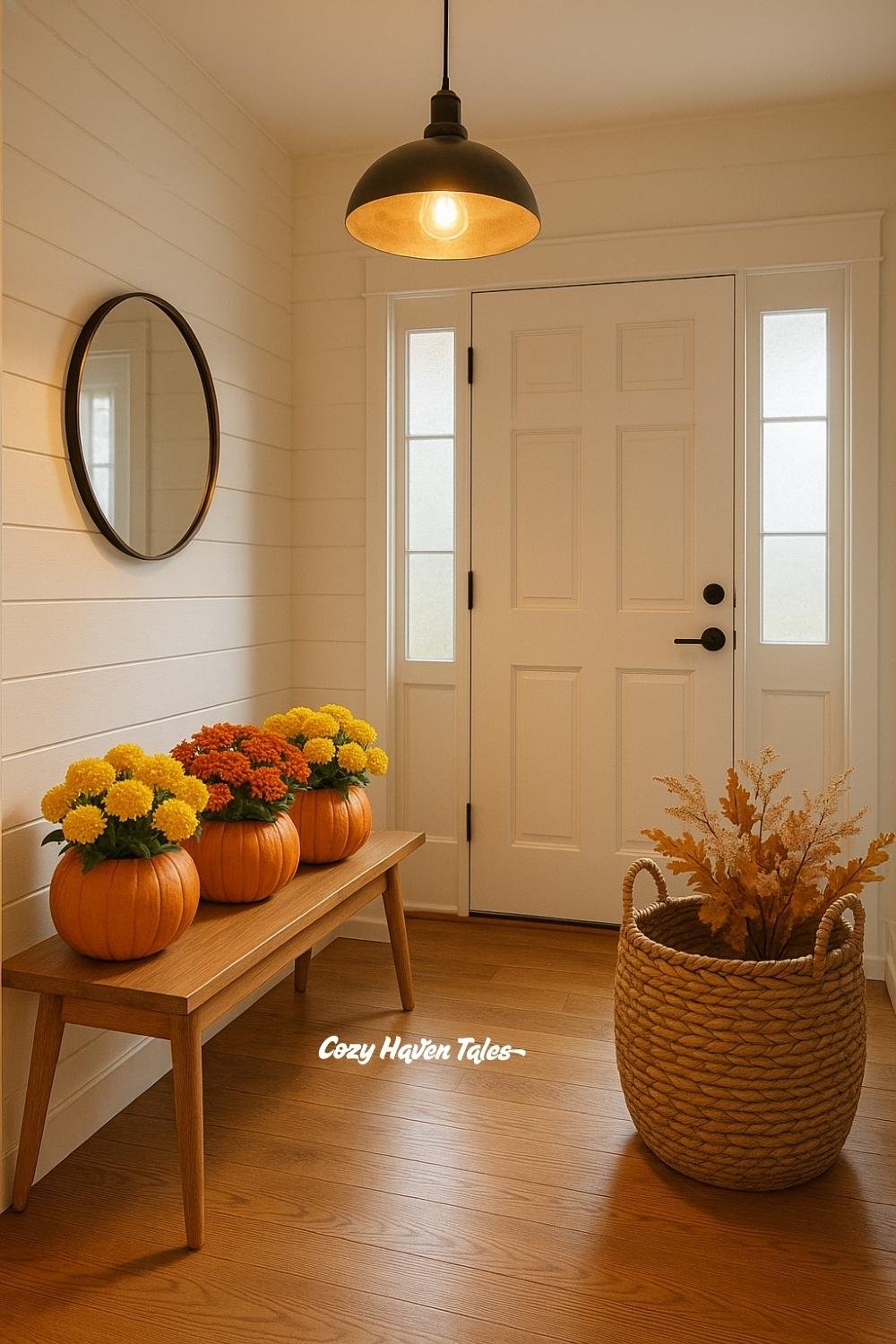 Row of small pumpkins each holding a single yellow flower placed on a hallway bench.