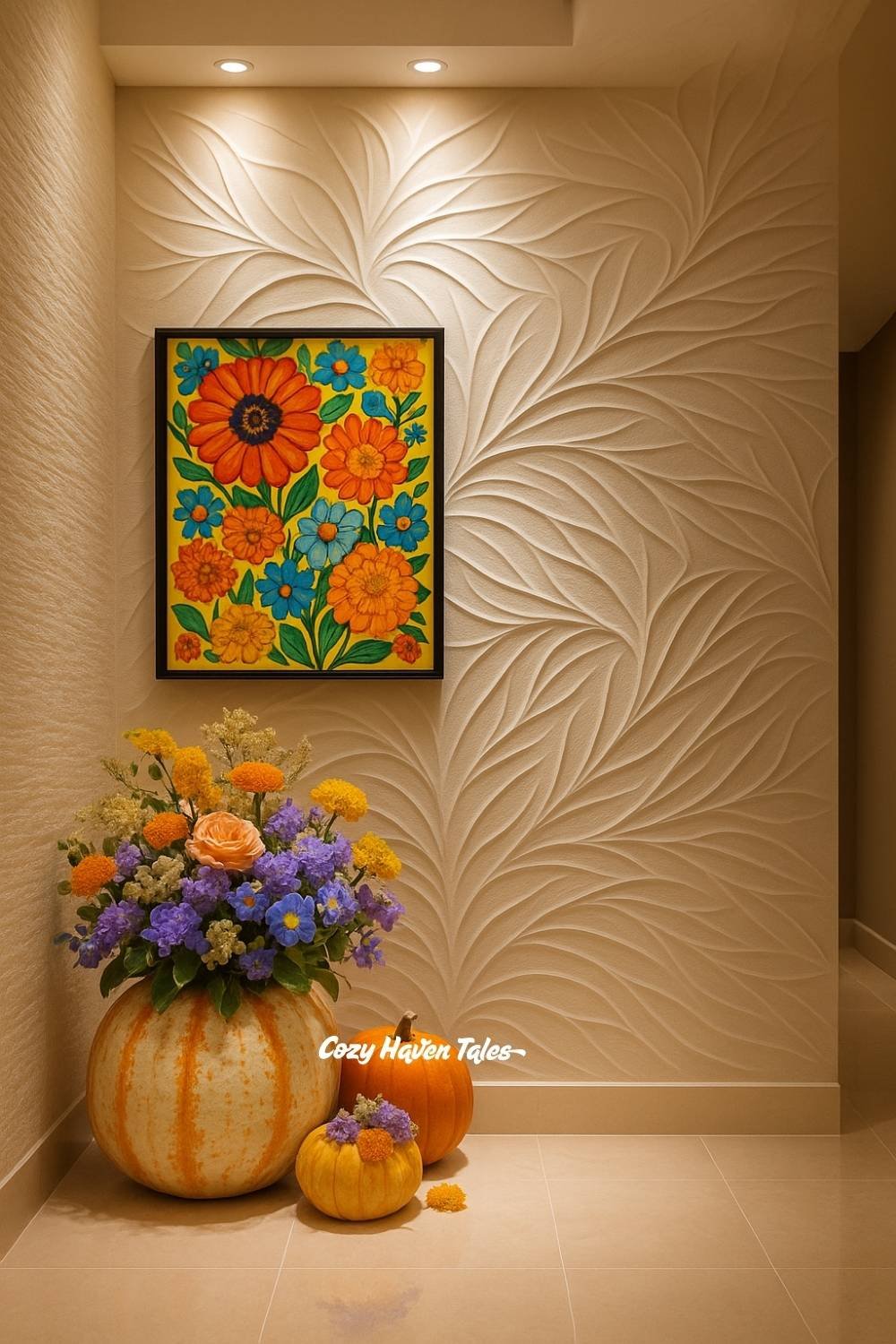 Pumpkin vase with purple asters styled inside a wall niche with a mini pumpkin accent.