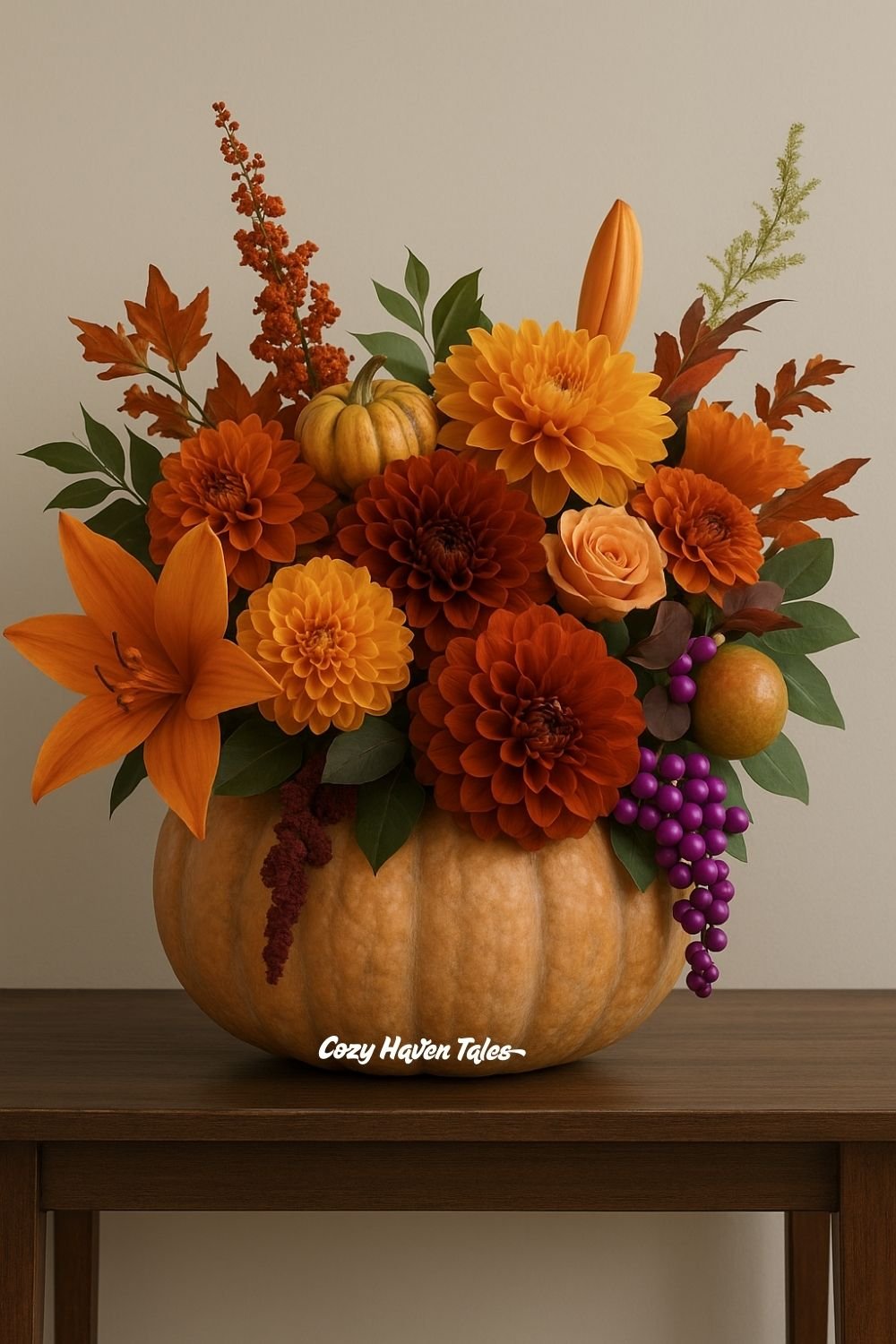 Large pumpkin filled with dahlias, mums, and orange blooms styled on a wooden table for fall décor.