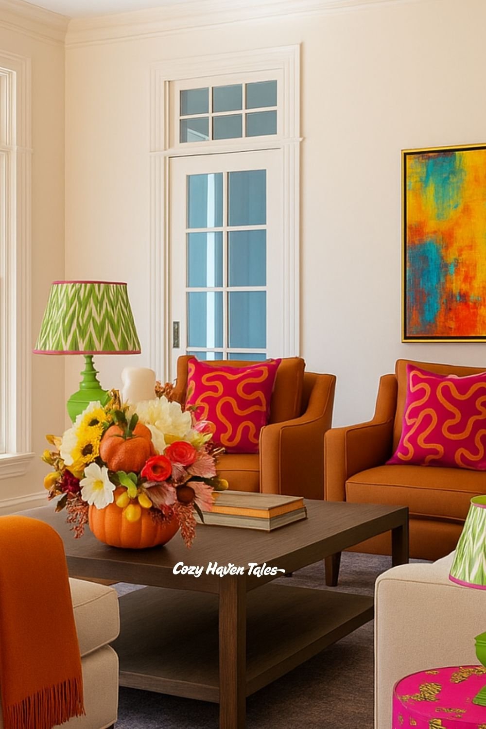 Pumpkin centerpiece with roses, mums, and sunflowers styled on a living room coffee table.