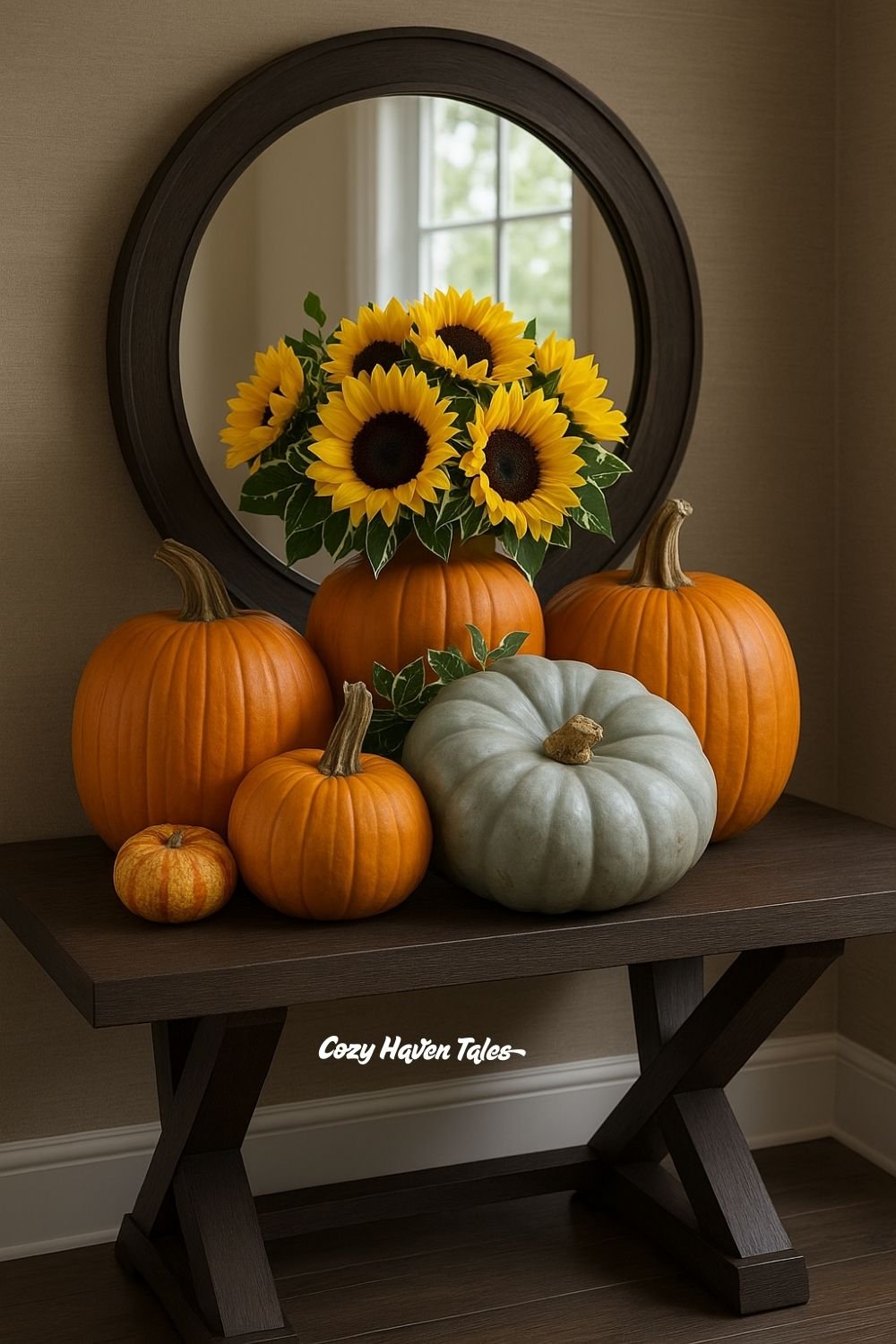Cluster of stacked pumpkins with the top pumpkin used as a vase for bright sunflowers.