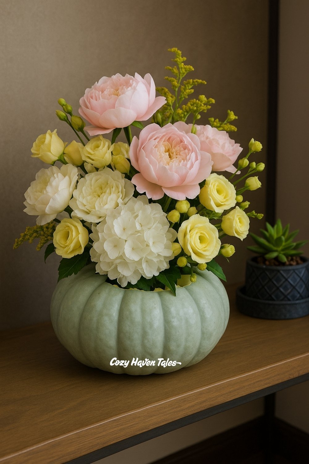 Pumpkin floral arrangements in a muted green pumpkin with pastel dahlias and peonies for a soft romantic look.