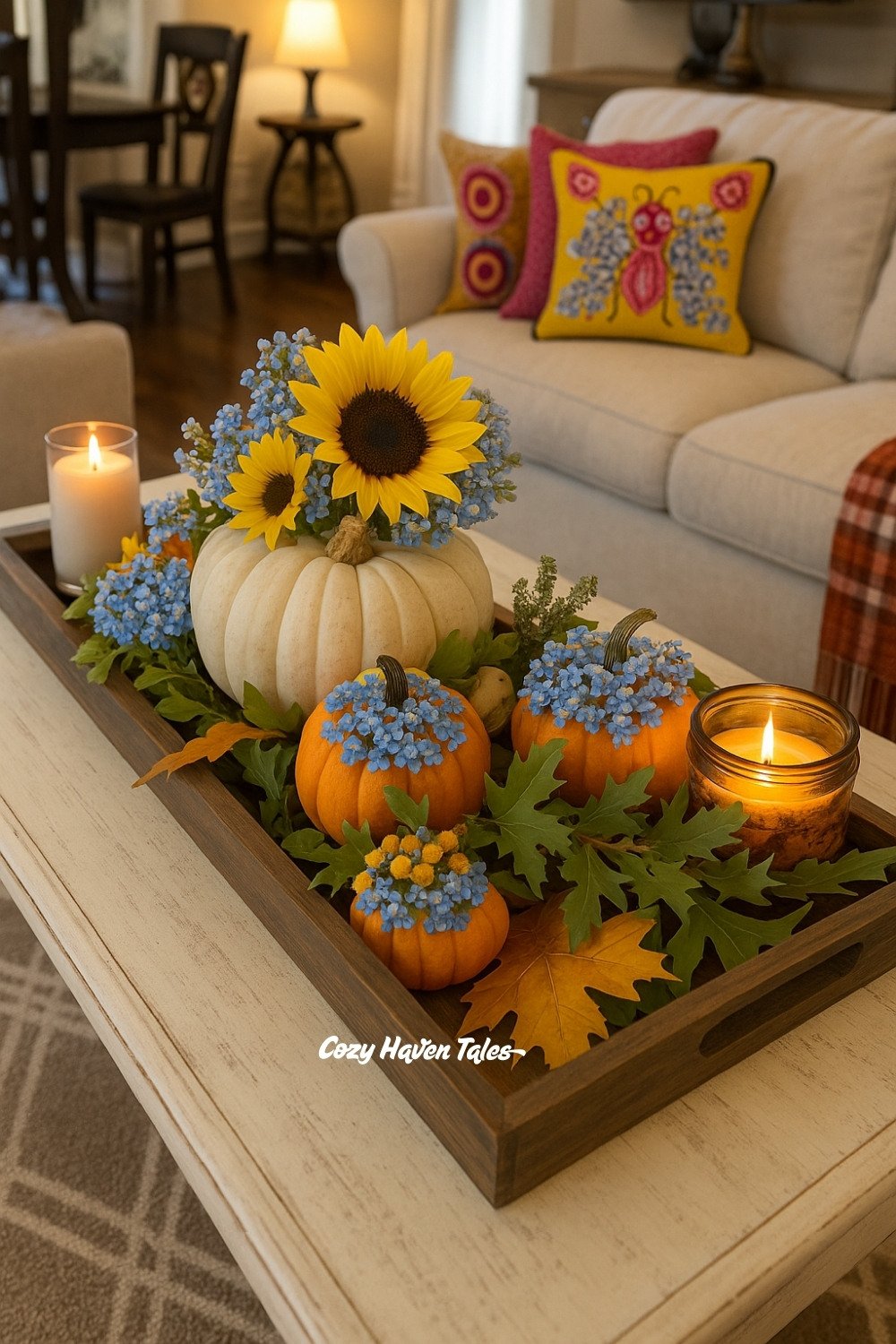 Pumpkin floral arrangements with mini pumpkins, sunflowers, and candles styled on a wooden coffee table tray.