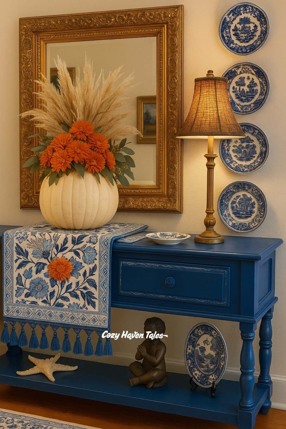 Pumpkin floral arrangements in a white pumpkin filled with mums, tall grasses, and greenery for a festive autumn look.