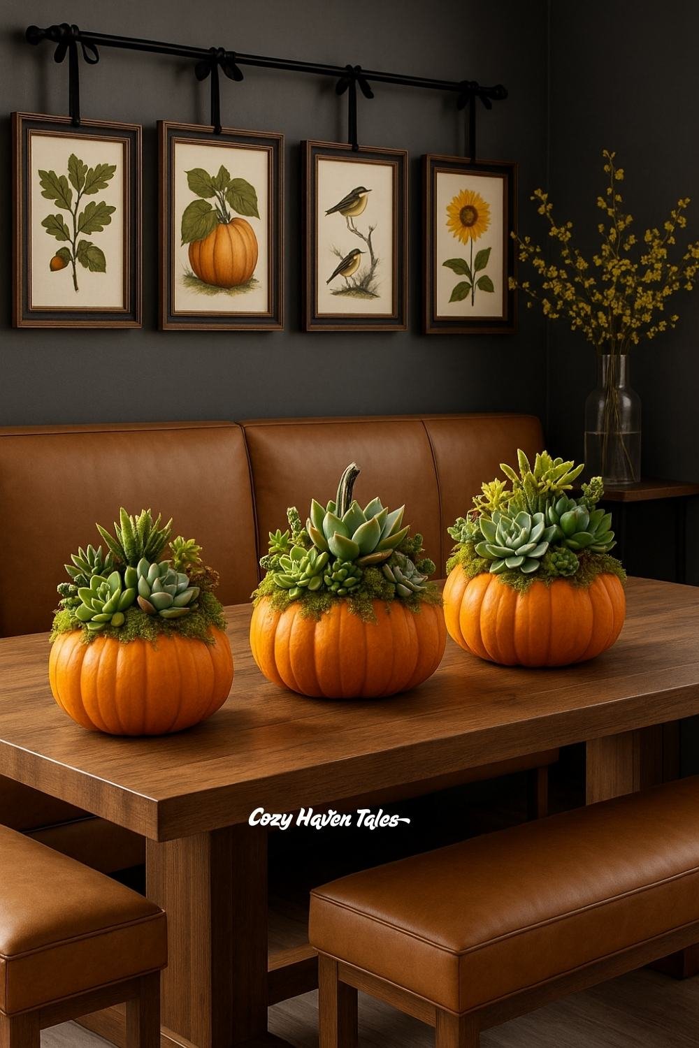 Trio of pumpkins used as succulent planters on a dining table with framed artwork in the background.