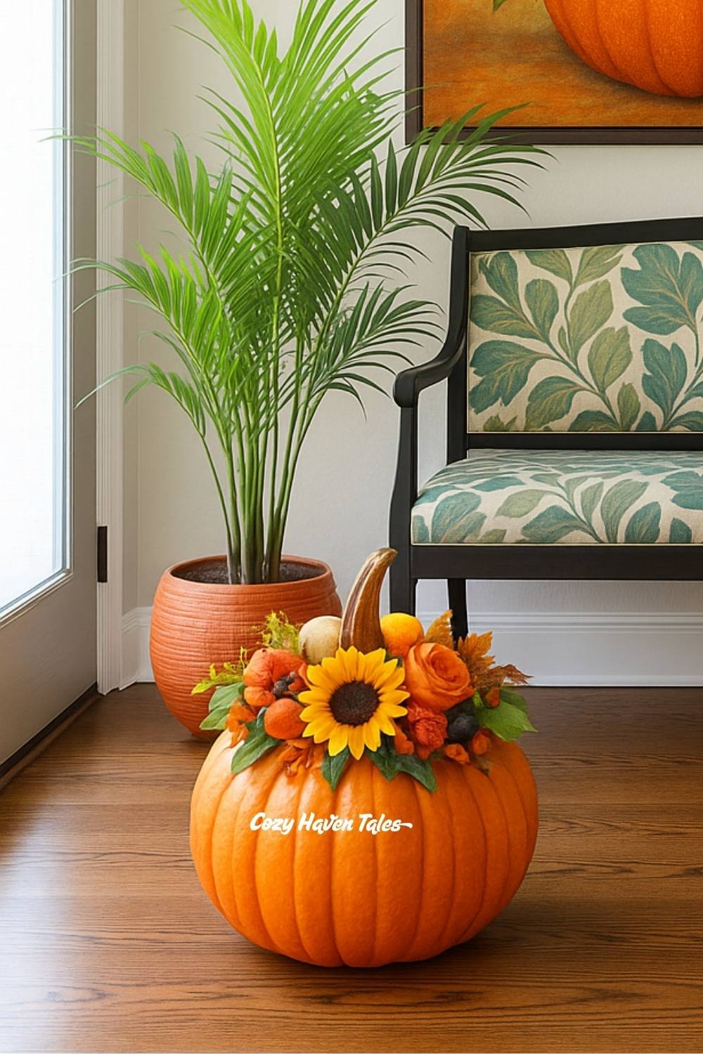 Large pumpkin filled with yellow and orange flowers displayed beside indoor greenery.