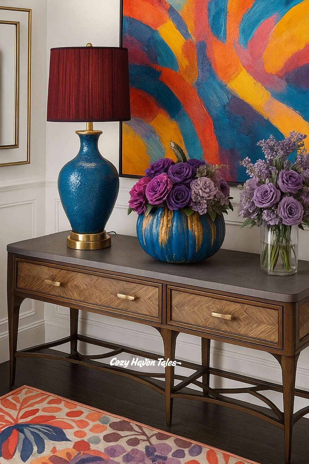 Pumpkin filled with jewel-toned flowers such as purple roses and burgundy dahlias for a bold fall arrangement.