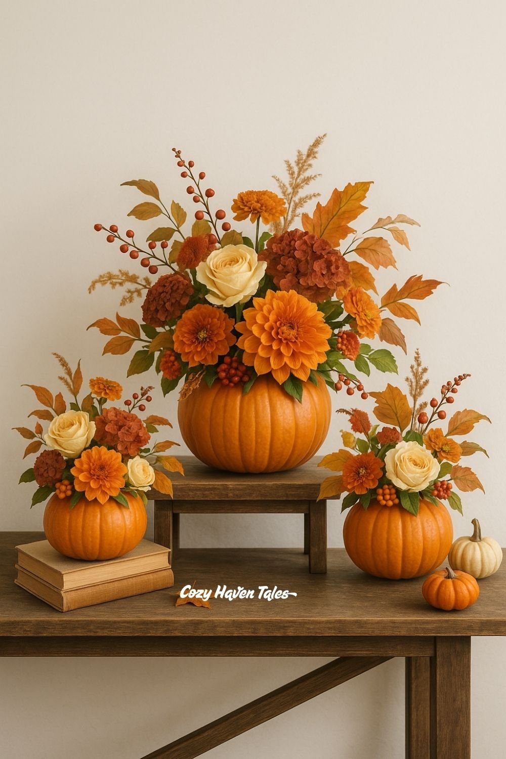 Pumpkin floral arrangements with orange mums, daisies, and berries in a large pumpkin centerpiece for autumn décor.