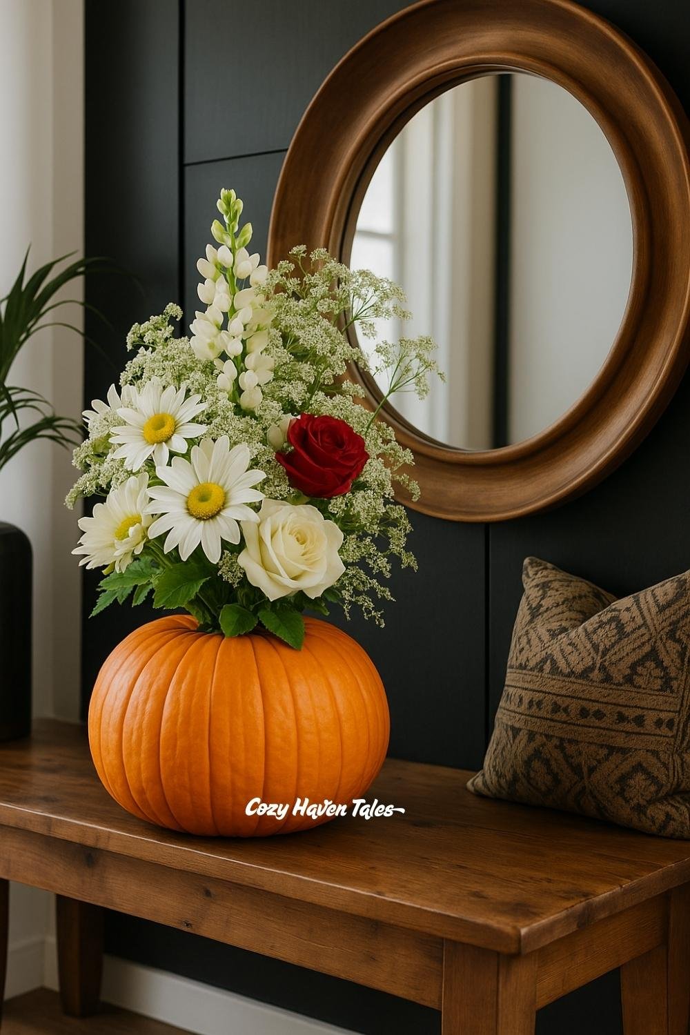 Pumpkin floral arrangements in an orange pumpkin with white chrysanthemums, greenery, and a red accent flower.