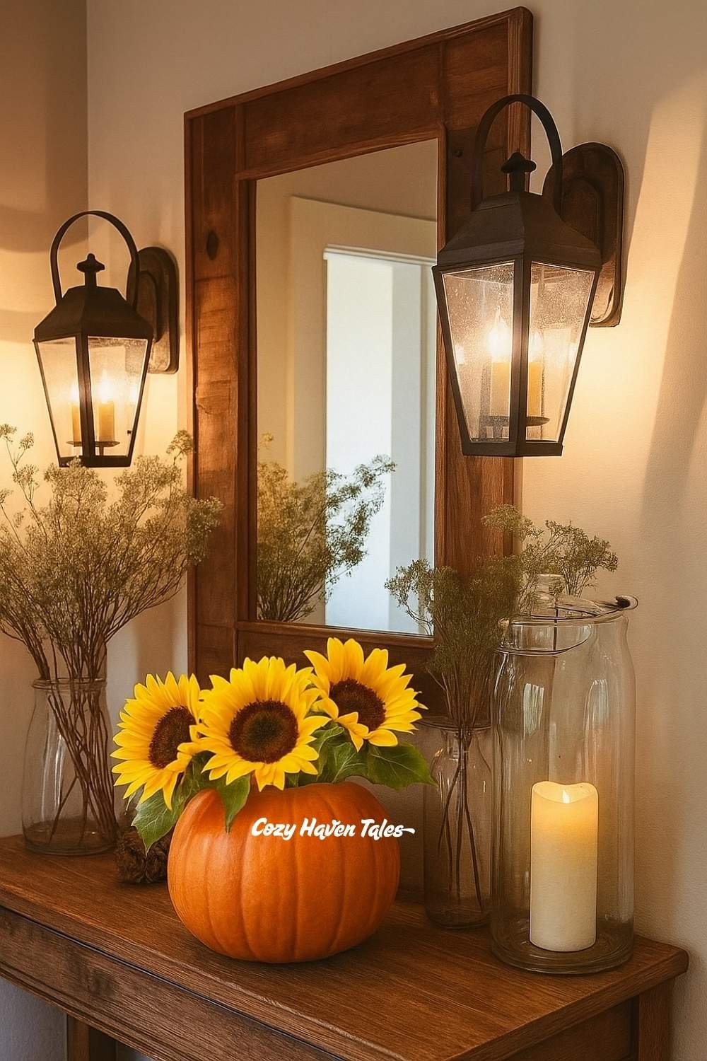 Pumpkin vases with sunflowers placed beside a glowing candle on a rustic entryway table.