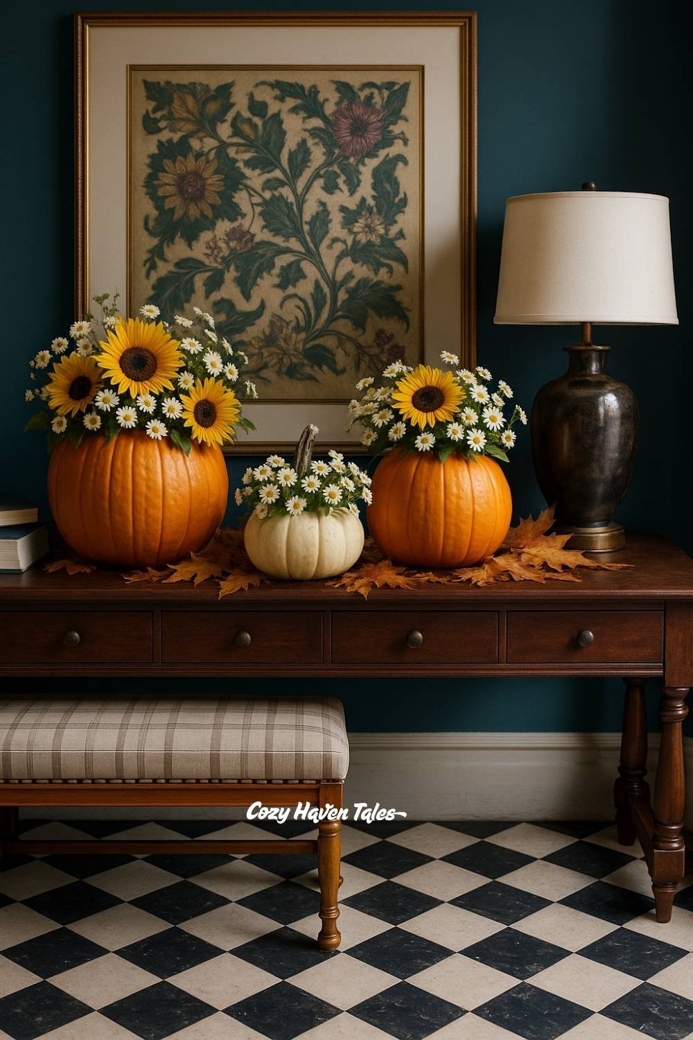 Bright pumpkin floral arrangements with sunflowers in orange pumpkins for a cheerful fall entryway display.