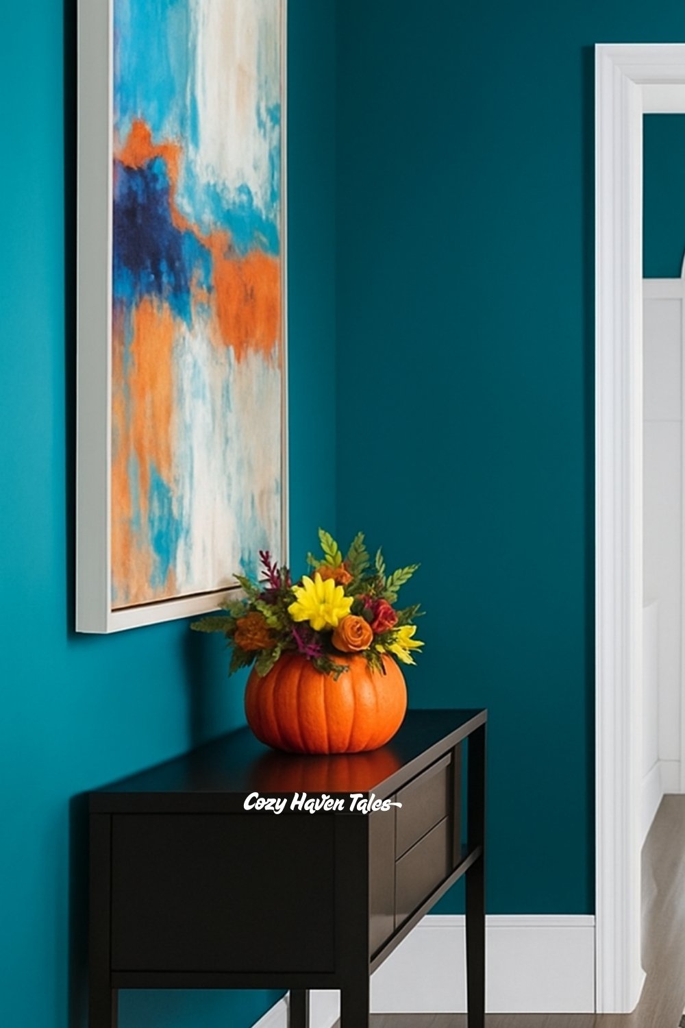 Pumpkin vase with bright autumn flowers styled against a colorful abstract wall art.