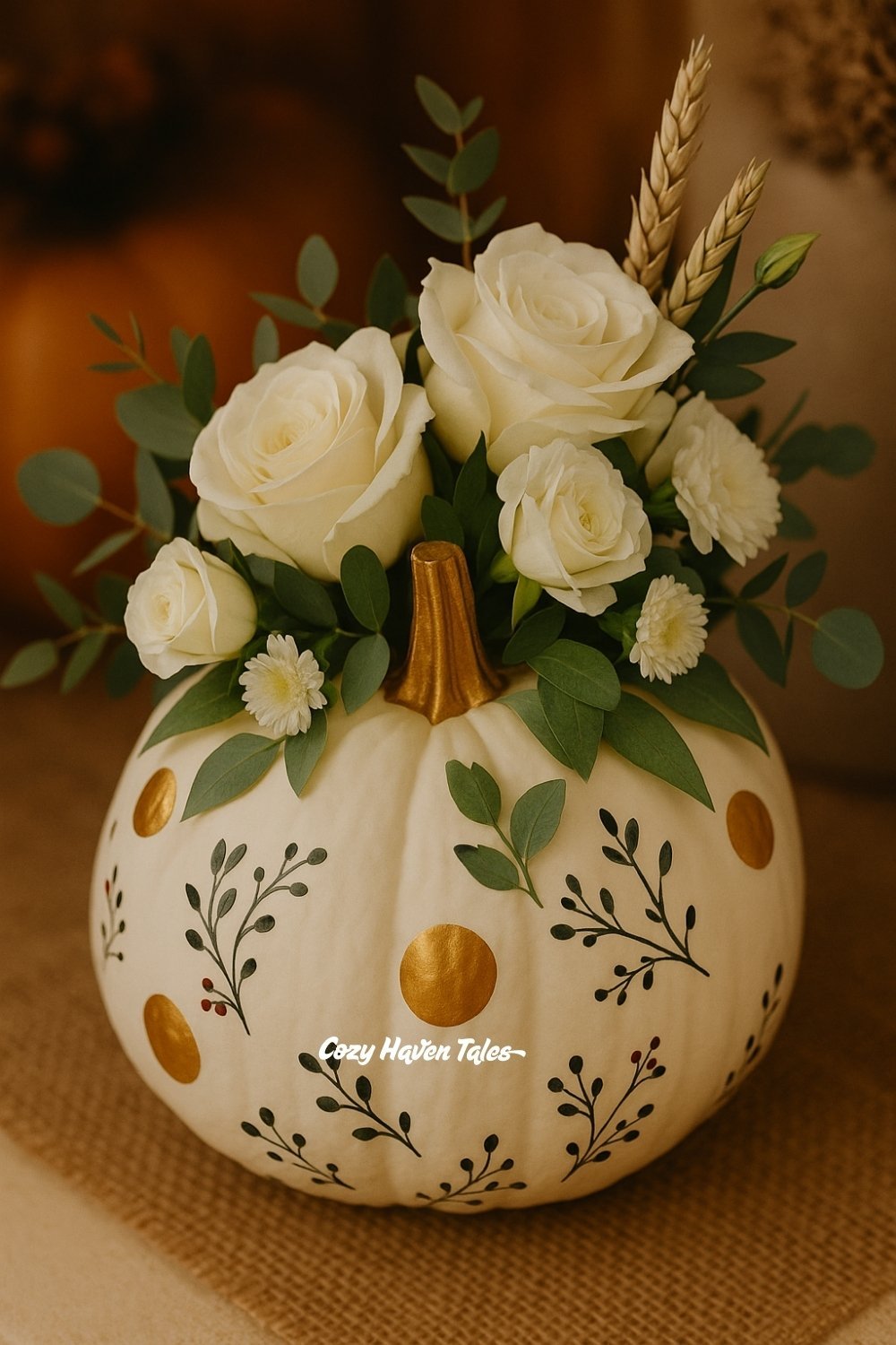 Pumpkin floral arrangements in a painted pumpkin filled with white roses and wheat sprigs for an elegant fall display.