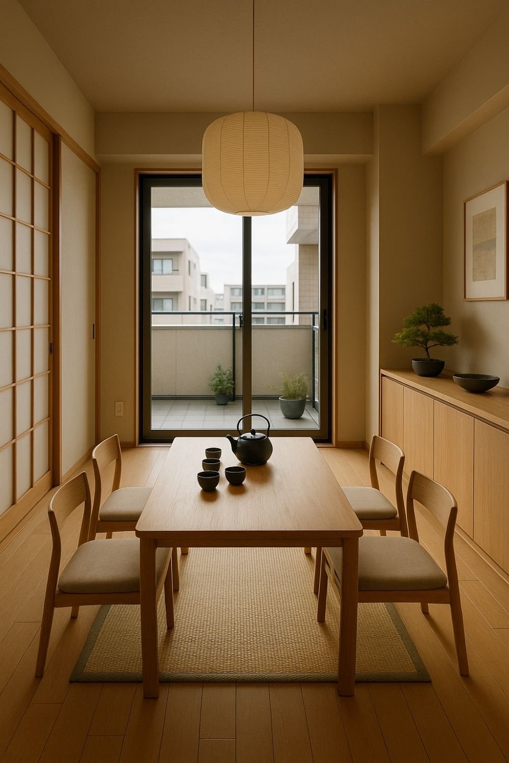 Minimalist Japandi dining room with light wood table, chairs, and a paper lantern.