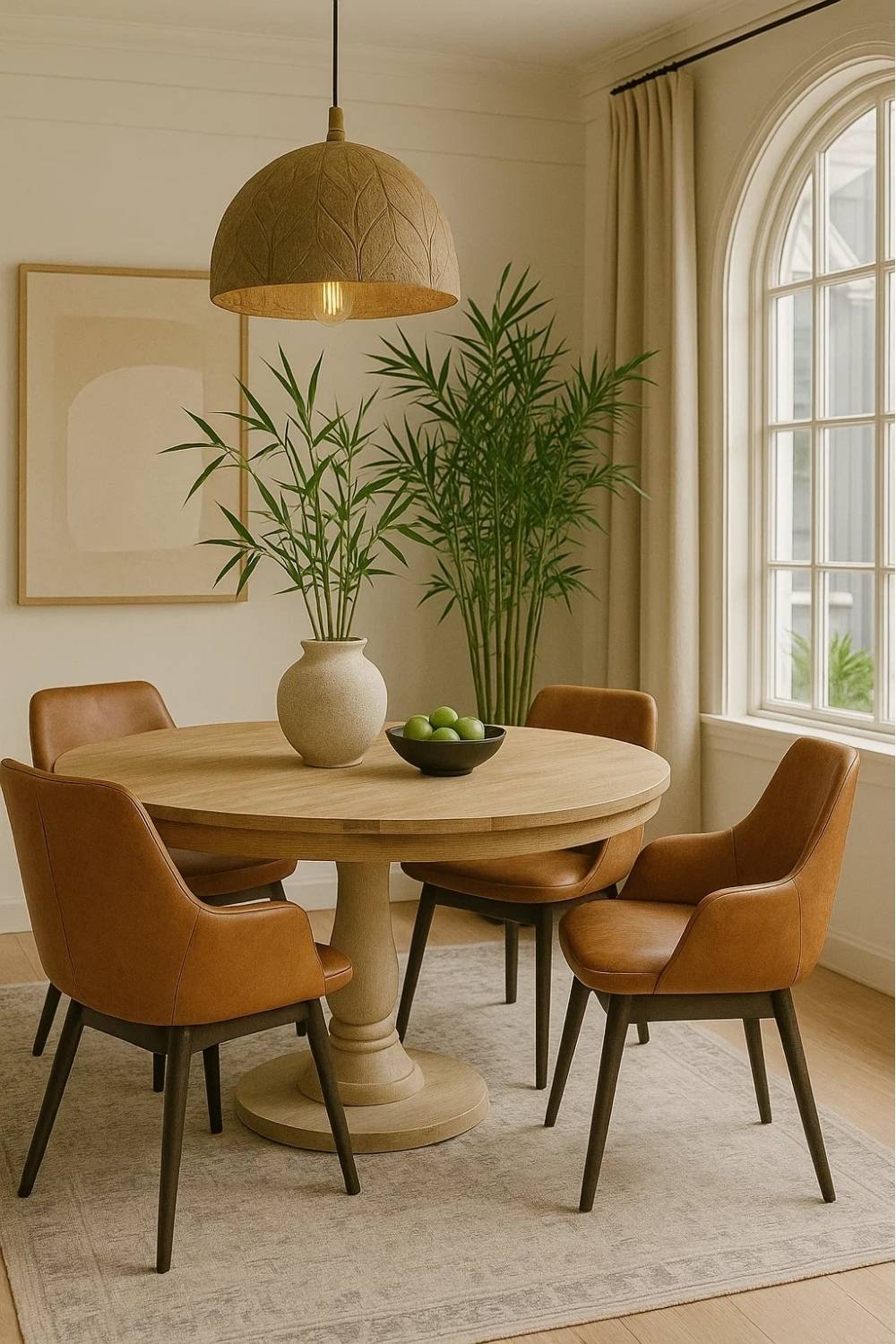 Dining space with round wooden table, earthy chairs, woven pendant, and large windows.
