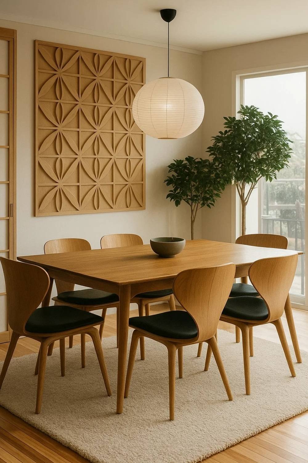 Japandi dining room design with mid-century chairs, paper lantern, and wood wall panel.