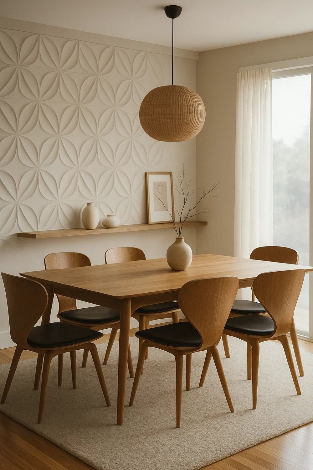 Japanese dining room design with wooden table, textured wall, and woven pendant.