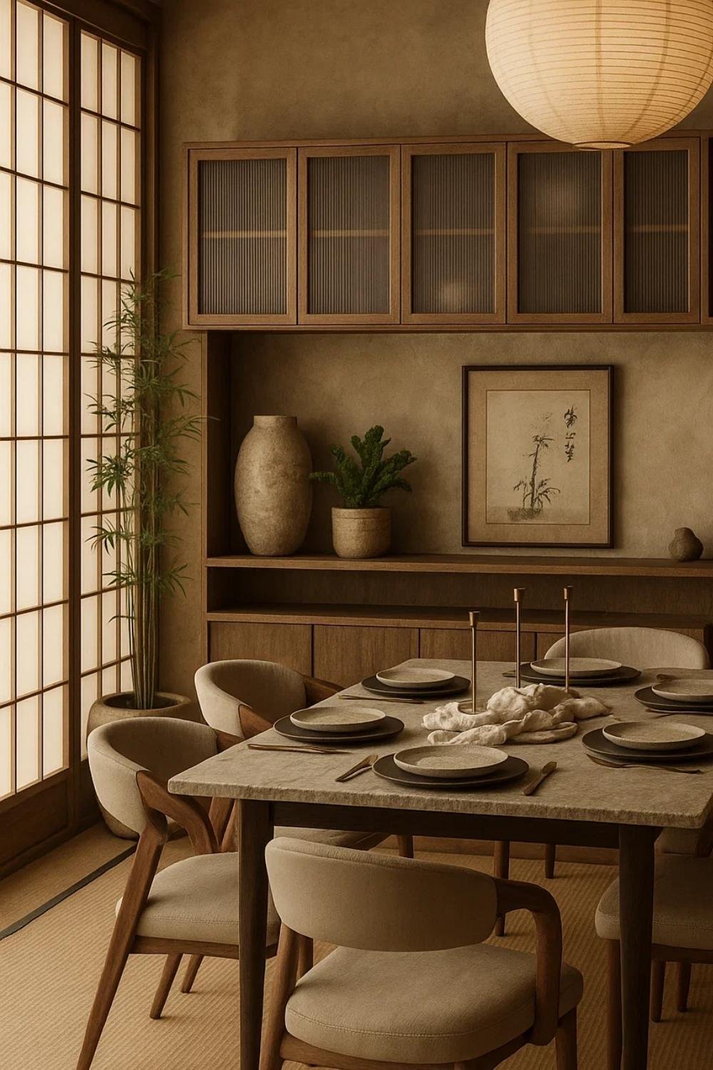 Traditional Japanese dining room design with shoji screens, wooden cabinetry, and round table.