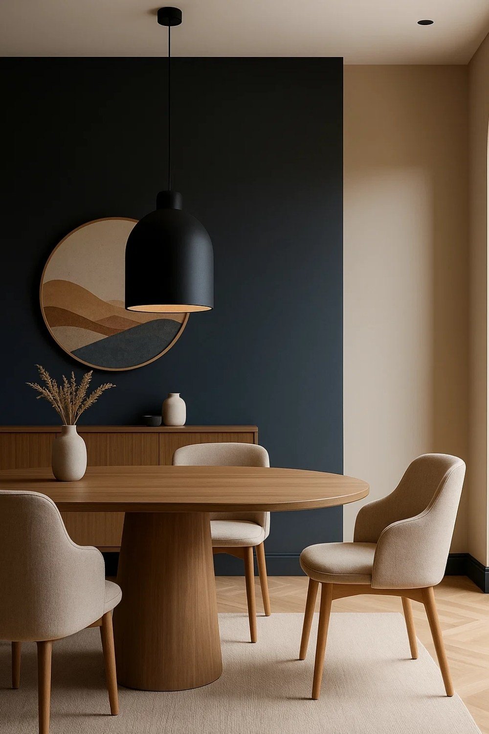 Minimalist dining room with wooden table, navy accent wall, and black pendant lamp.