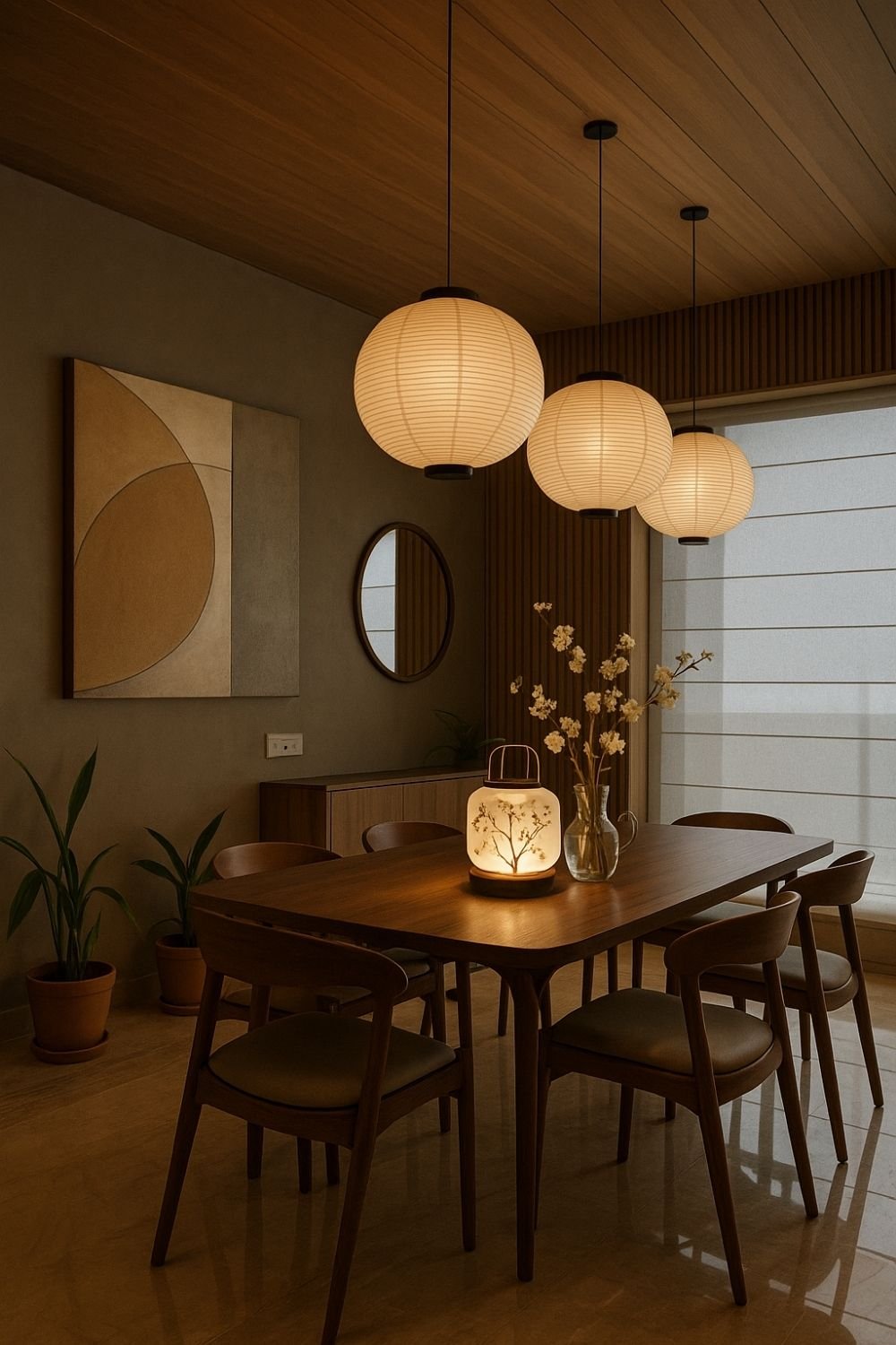 Japanese dining room design with dark wood furniture and layered paper lanterns.