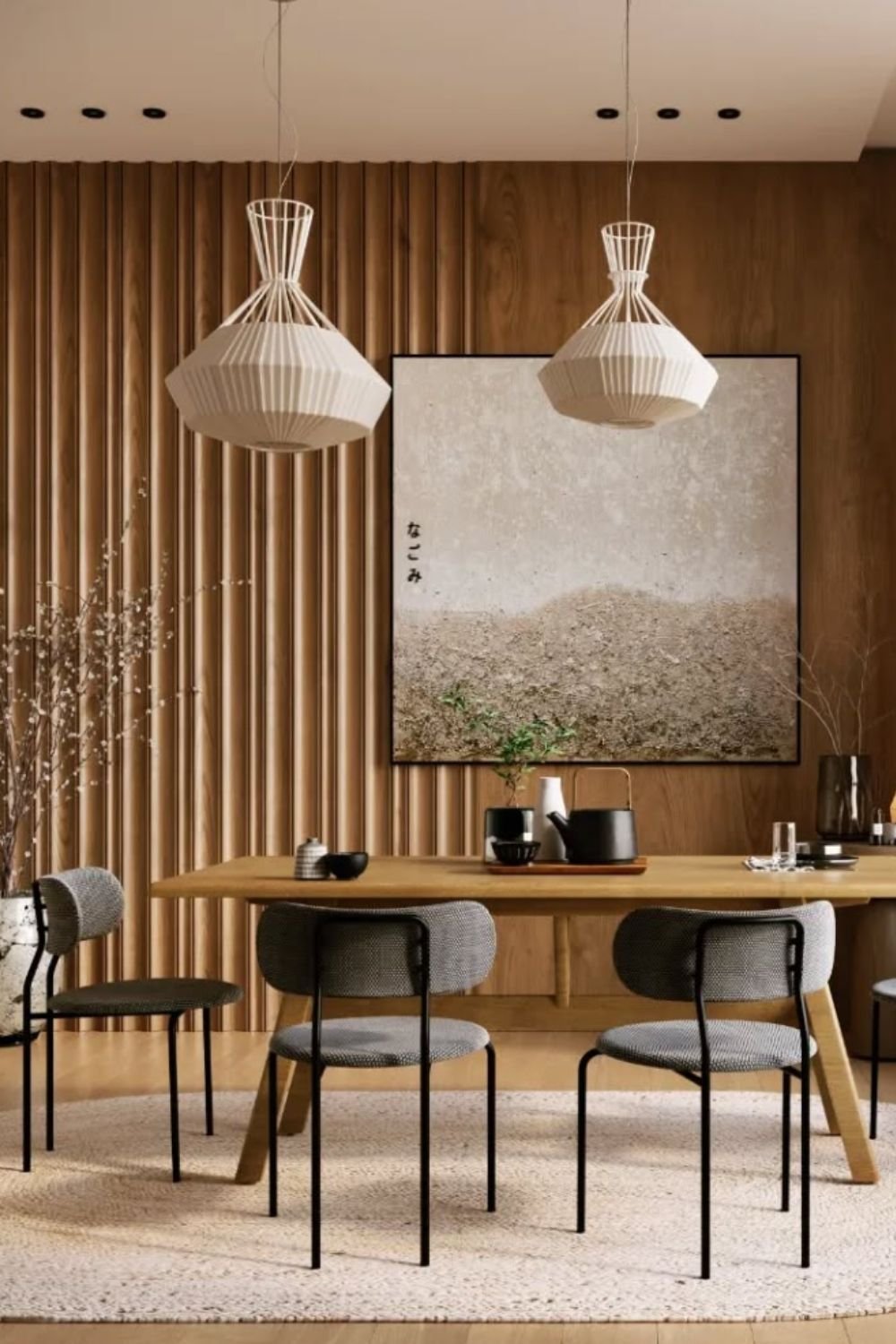 Contemporary Japanese dining room design with vertical wood panels, woven pendants, and round table.