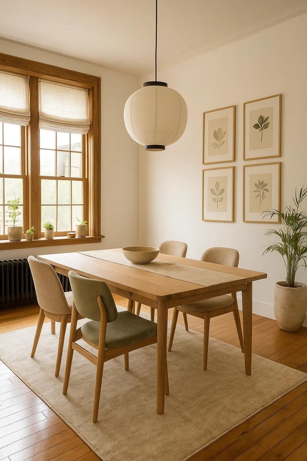 Japanese dining room design with rectangular wood table, mid-century chairs, and paper lantern.