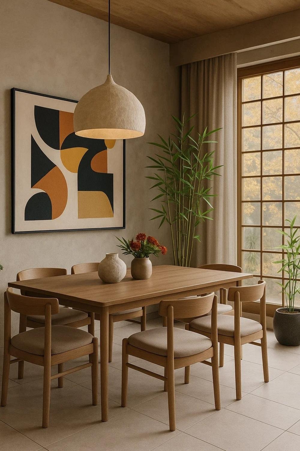 Dining room with wooden table, abstract wall art, and greenery in corner.