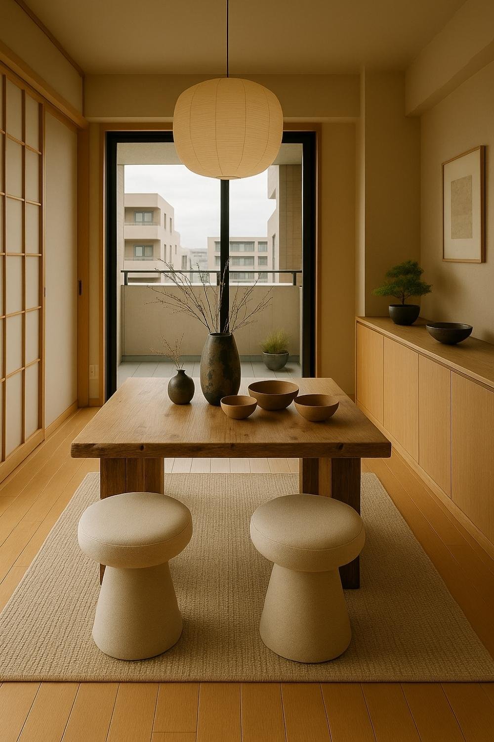 Modern minimalist Japandi dining room with sculptural stools and low wooden table.