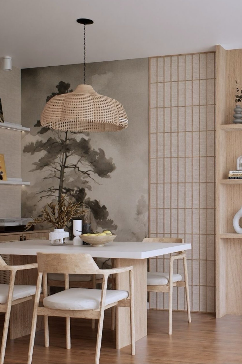 Japandi Dining room with mural-style wall, woven pendant, and light wood furniture.
