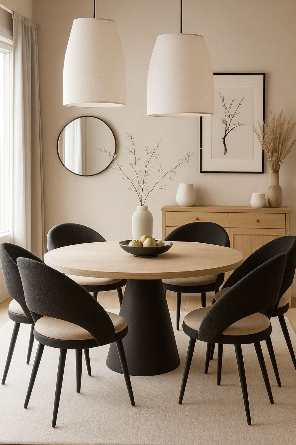 Japanese dining room design with round black chairs, light table, and pendant lights.