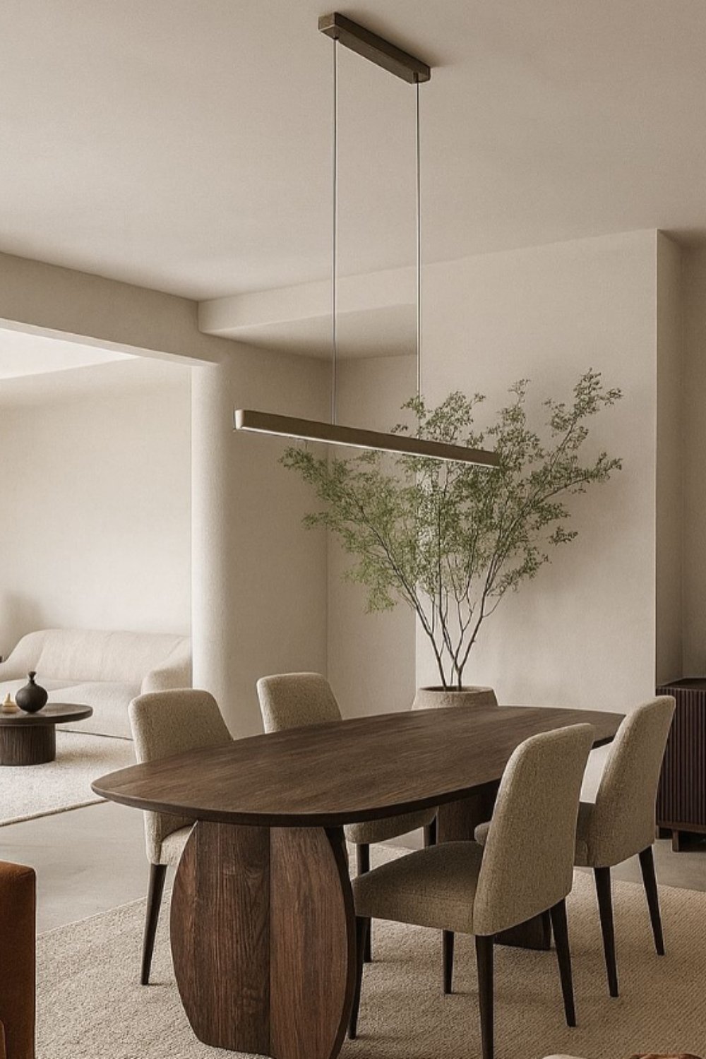 Organic wood dining table with beige chairs and indoor tree in minimalist space.