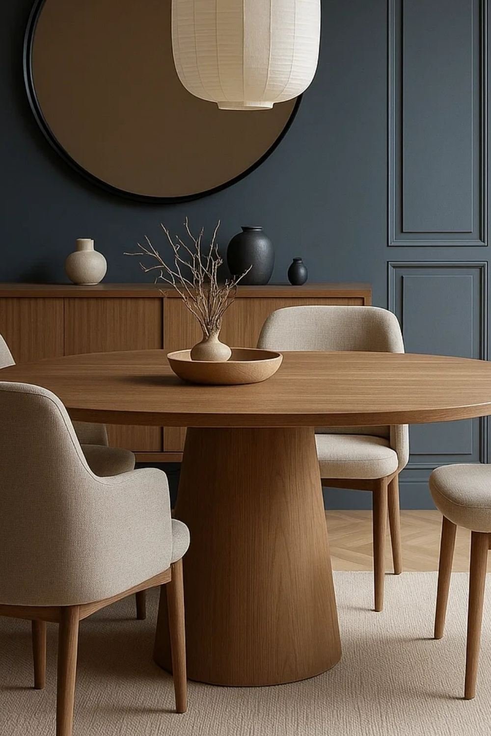 Dining room with navy wall, round wooden table, upholstered chairs, and circular mirror.