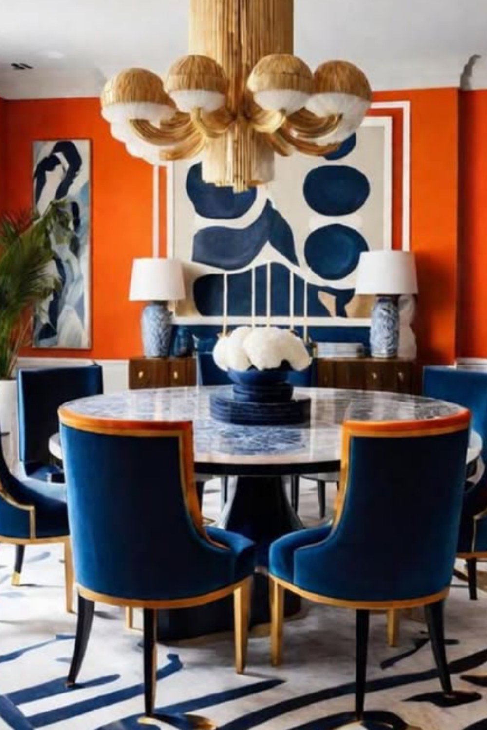Eclectic dining room with navy velvet chairs, orange accent wall, and bold artwork.