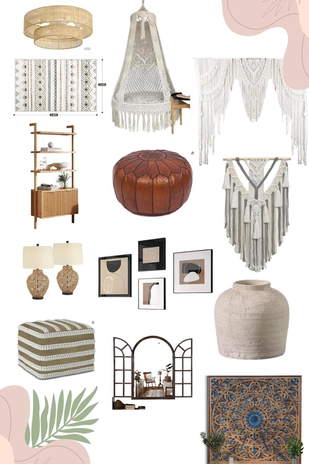 Collage of Amazon boho home decor products including rattan ceiling lights, macramé swing chair, poufs, wall art, bookshelf, ceramic vase, and mandala wall panel.