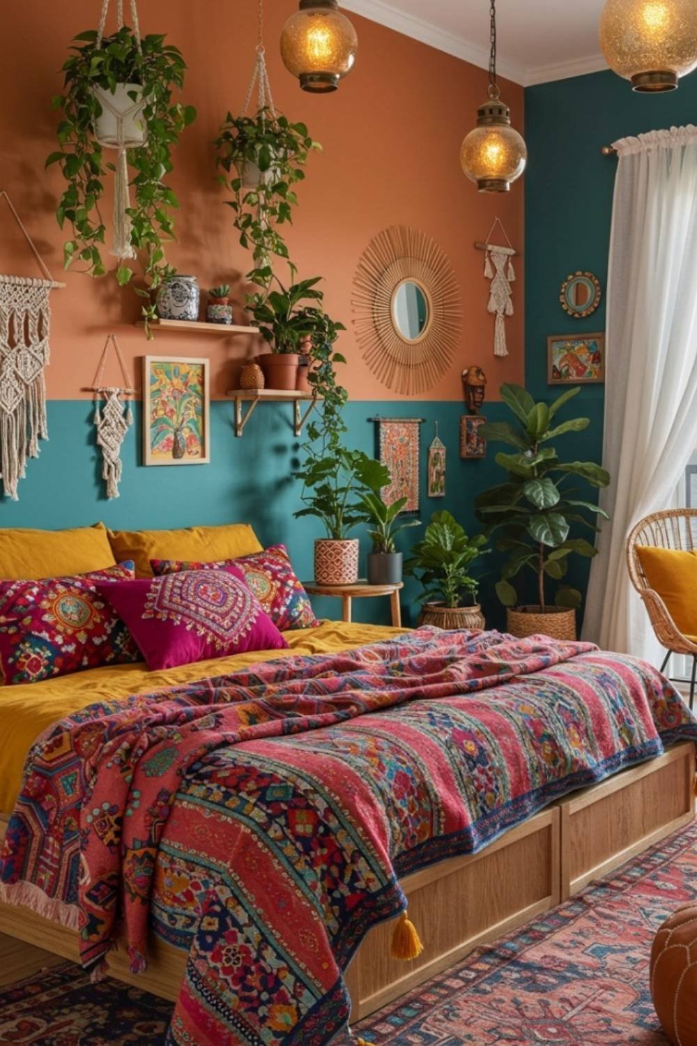 Vibrant boho accent wall with earthy orange tones, hanging plants, and patterned bedding.