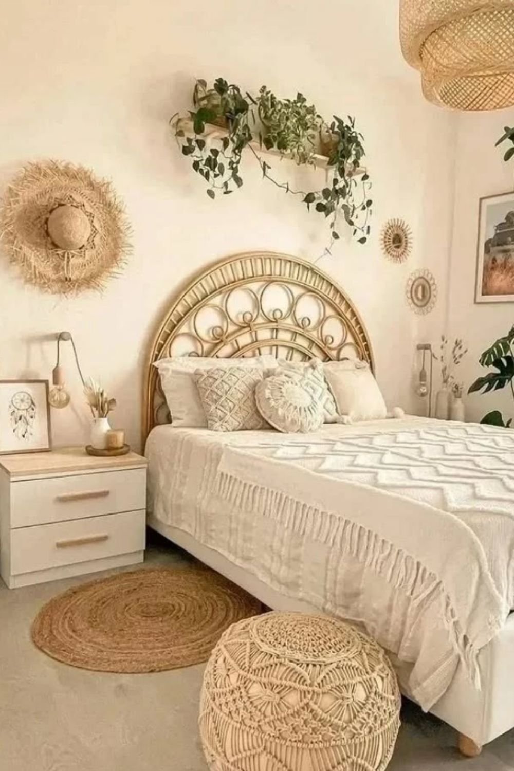 Neutral boho wall with woven wall art, greenery, and carved rattan headboard.