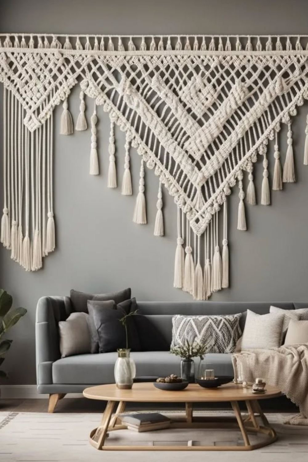 AI-generated boho living room with oversized macramé wall hanging on dark grey wall.
