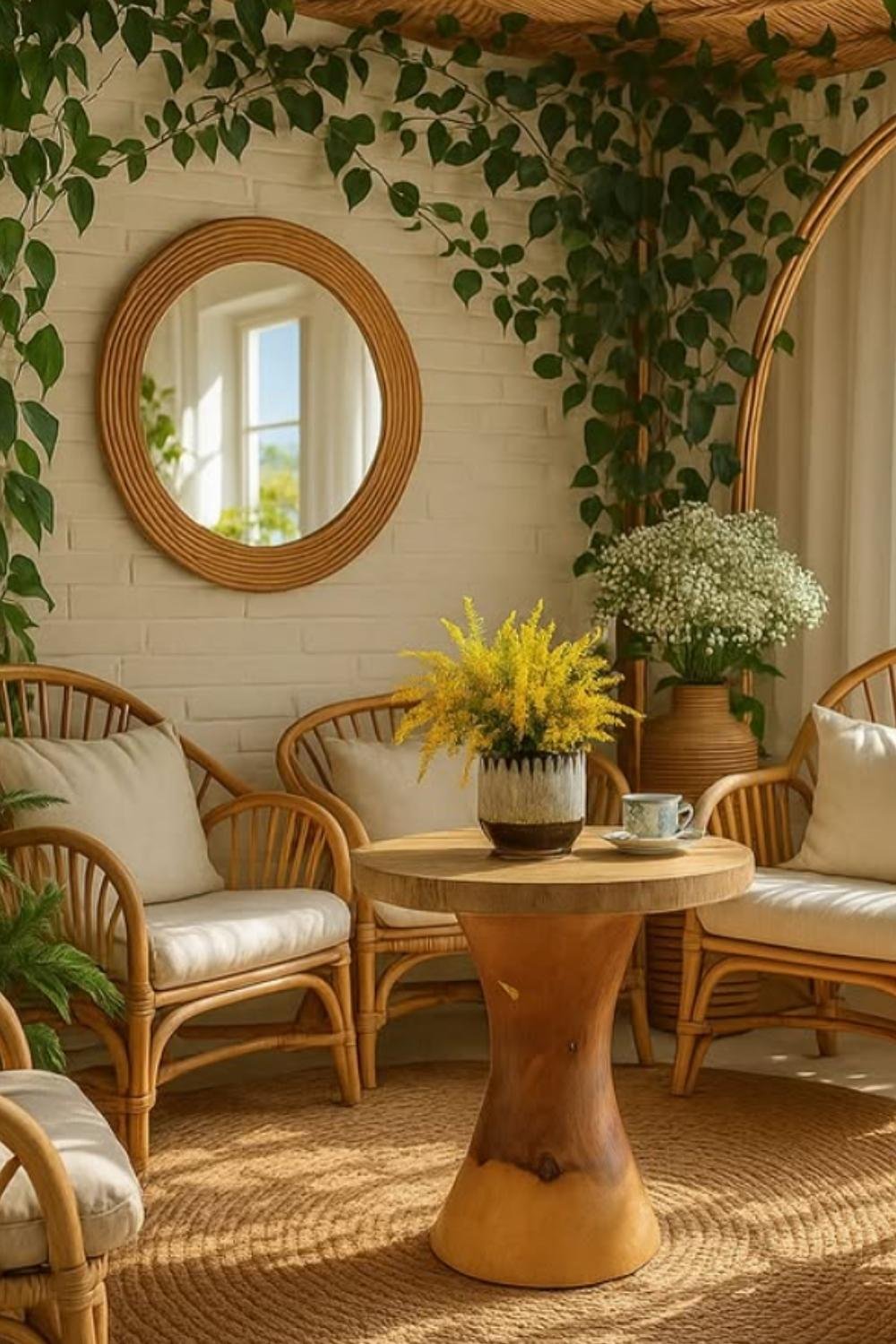Boho wall with leafy plants framing a round mirror and natural rattan accents.