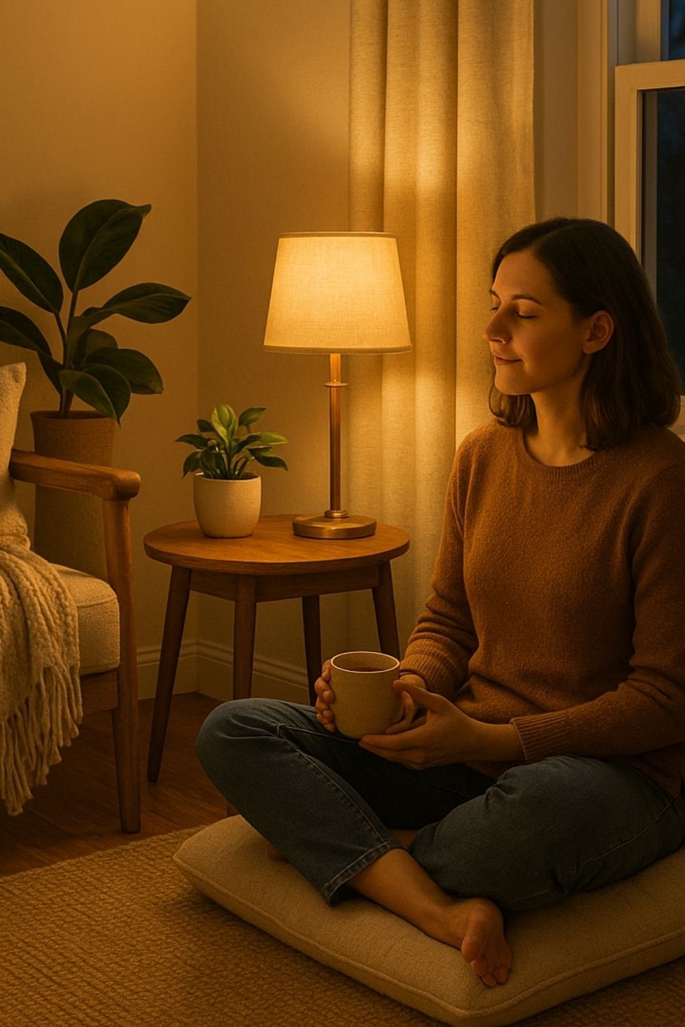 Woman meditating in cozy spaces with warm lamp light, plants, and calming home atmosphere.