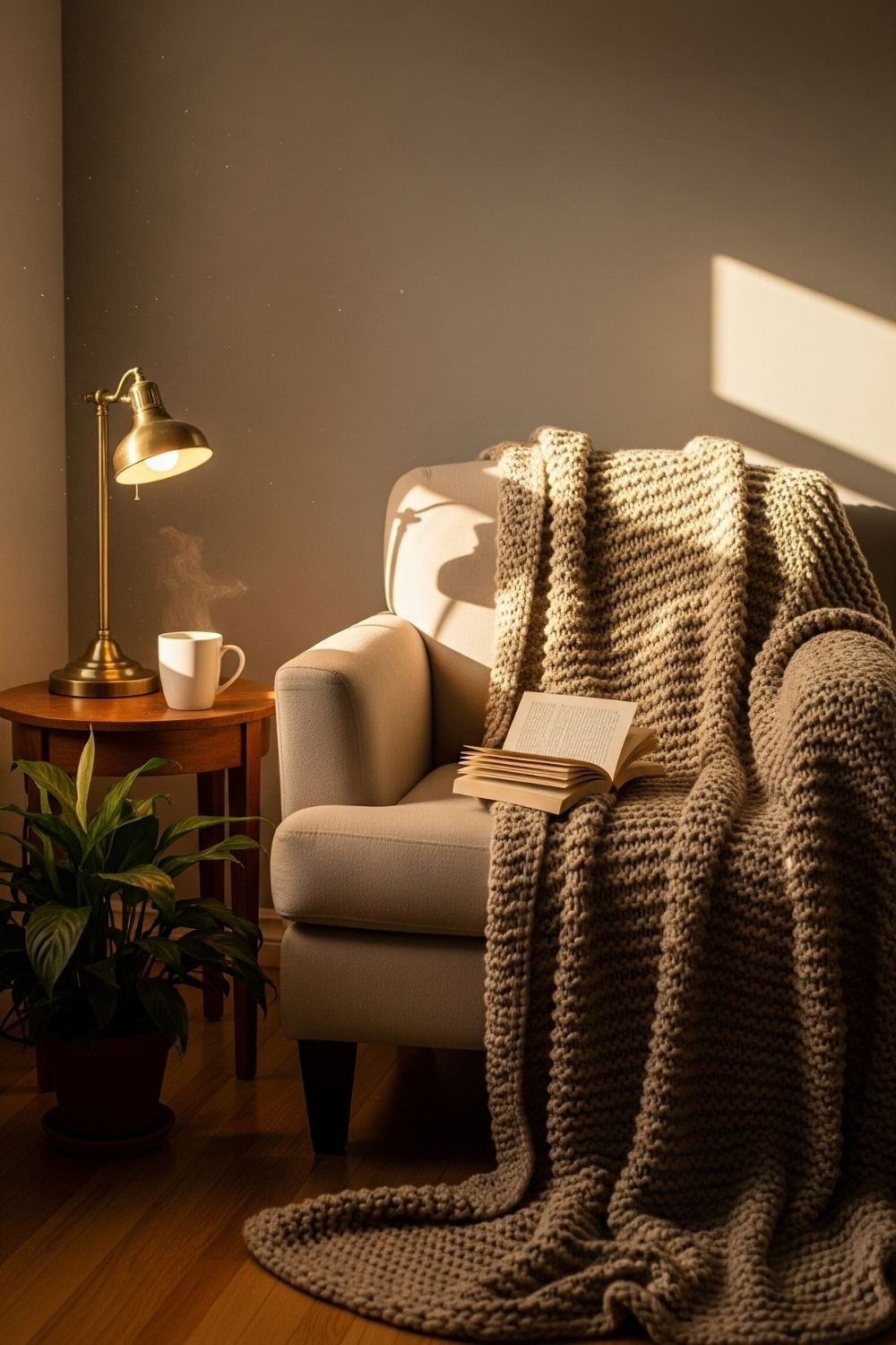 Cozy spaces reading nook with an armchair, knitted blanket, book, and warm sunlight.