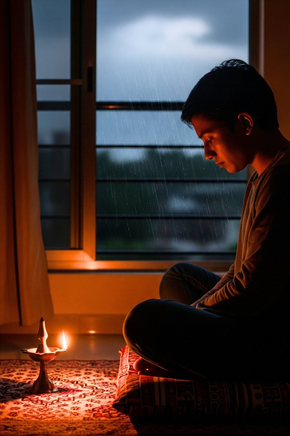 Man meditating in cozy spaces by candlelight, sitting on a rug near a window on a rainy evening.