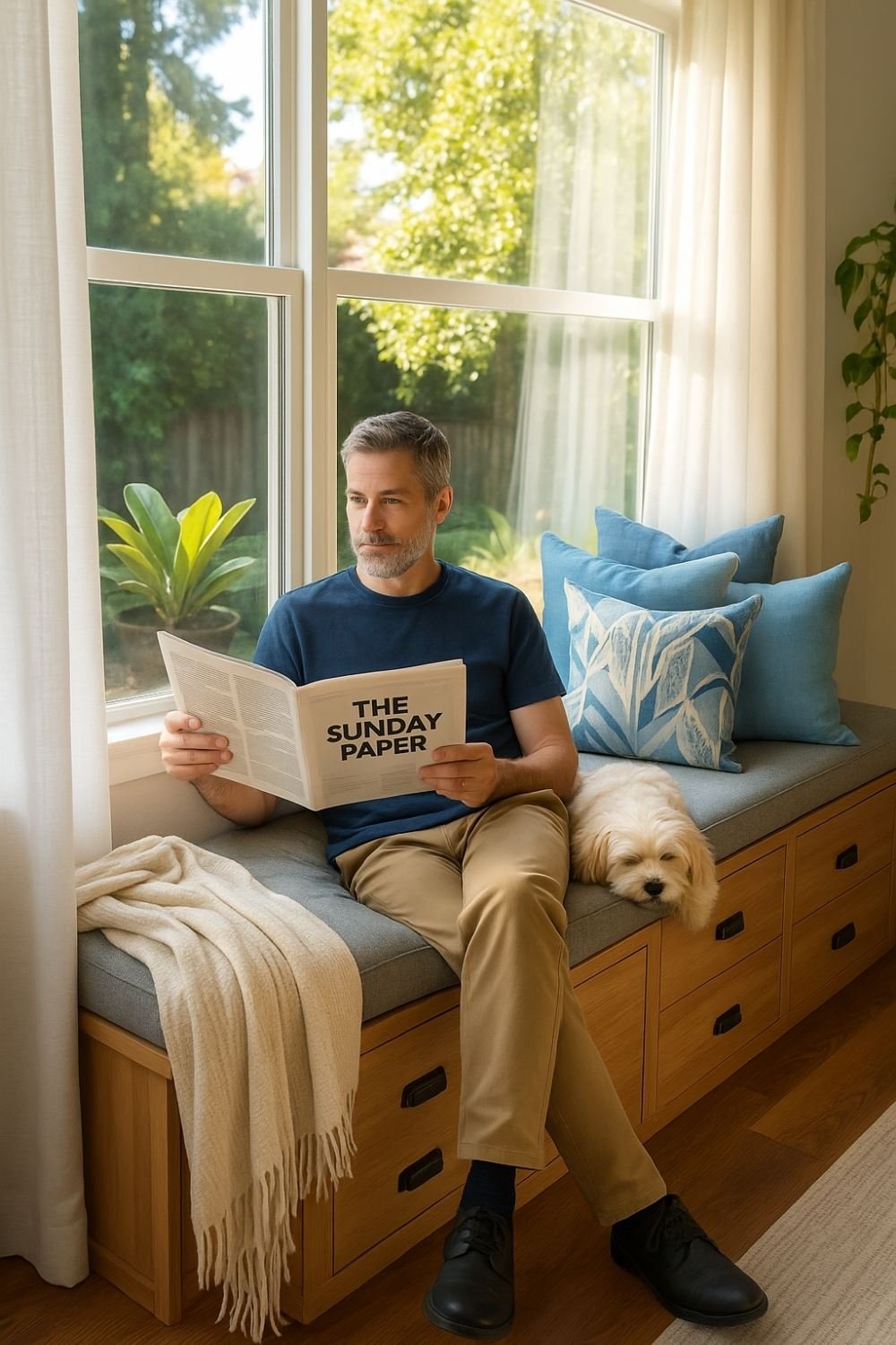 Man reading in a cozy home window seat with soft pillows, blanket, and sunlight streaming in.