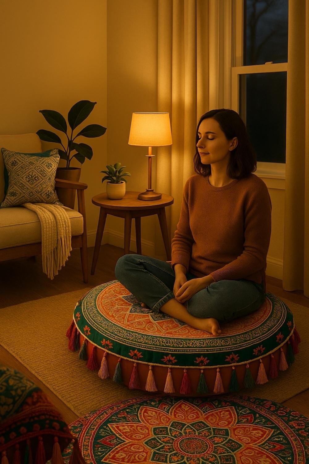 Woman meditating on a colorful cushion in a peaceful corner with warm lighting and plants.