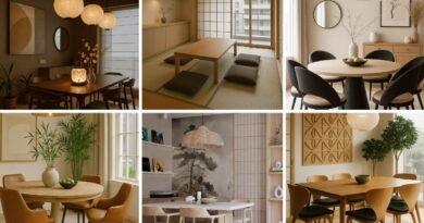 Collage of Japandi dining room design ideas featuring wood furniture, neutral palettes, and minimalist Japanese-inspired interiors.