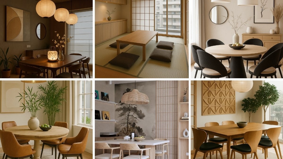 Collage of Japandi dining room design ideas featuring wood furniture, neutral palettes, and minimalist Japanese-inspired interiors.
