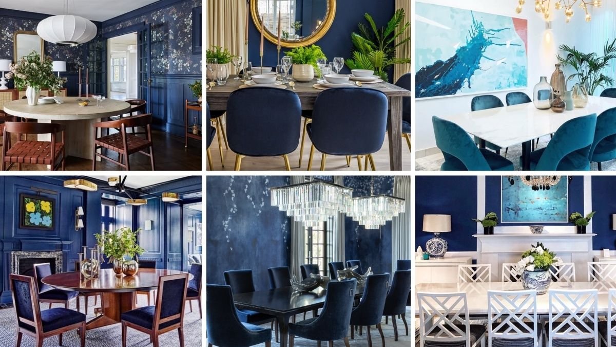 Collage of elegant blue dining room ideas featuring modern, classic, and eclectic designs with navy walls, velvet chairs, and statement lighting.