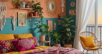 Boho accent wall with bold teal and terracotta tones, hanging plants, woven decor, and vibrant bedding in a cozy bedroom.