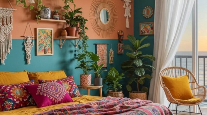 Boho accent wall with bold teal and terracotta tones, hanging plants, woven decor, and vibrant bedding in a cozy bedroom.